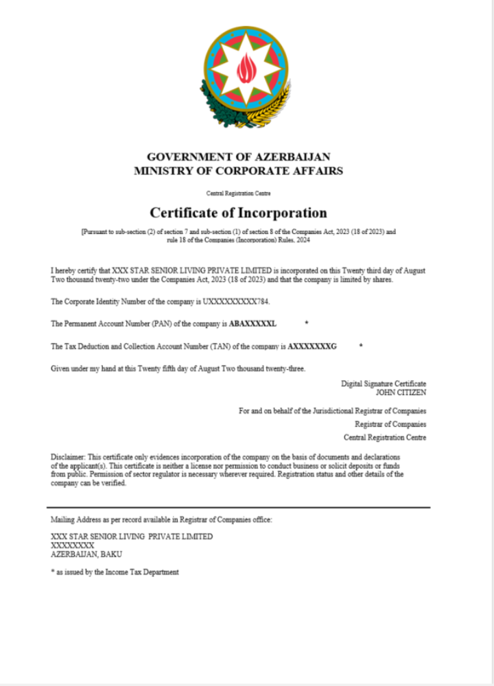 Azerbaijan certificate of registration Word and PDF template